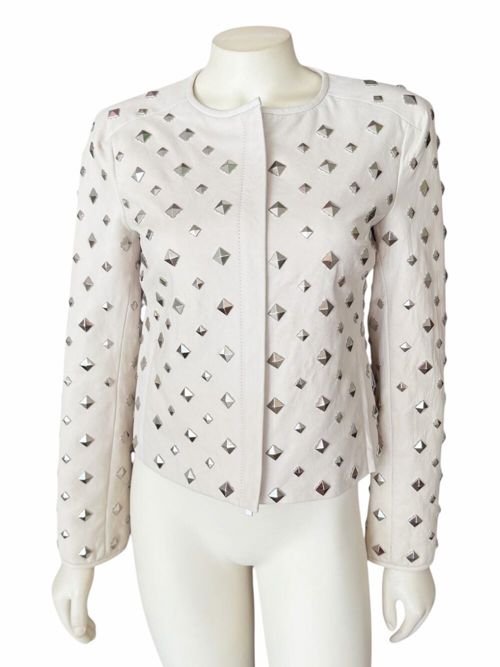 Diane Von Furstenberg Kate Leather Studded Cream Silver Jacket Sz 2